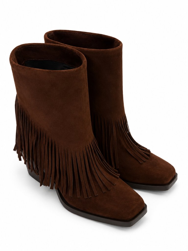 Boho Fringe Chocolate Brown Square Toe Heeled Boots